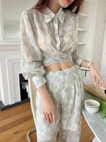 DAZY 紮染後綁帶短款襯衫和闊腿褲 - 綠色 - 查看 3