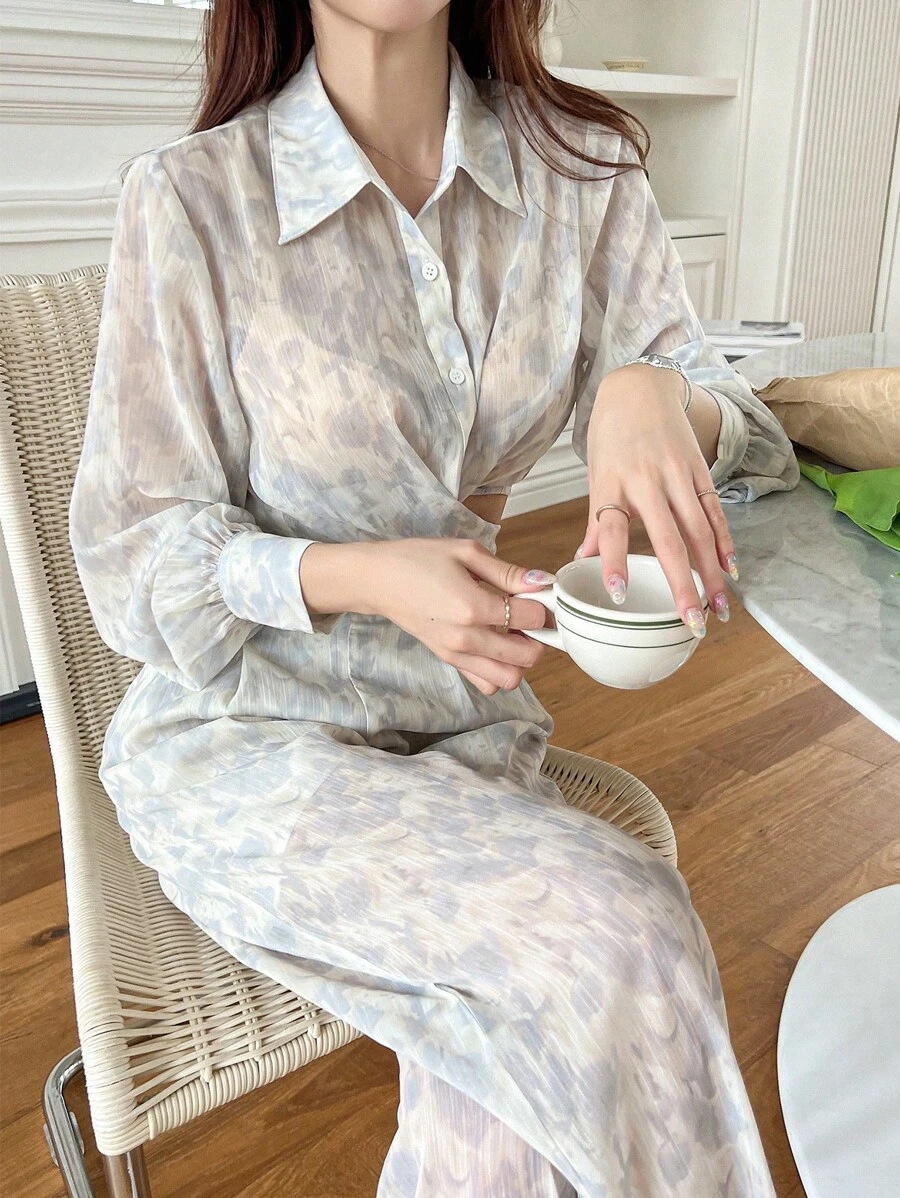 DAZY 紮染後綁帶短款襯衫和闊腿褲 - 綠色 - 查看 1