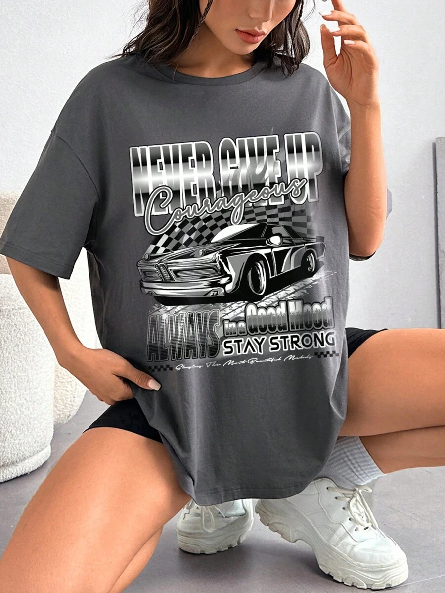 SHEIN Coolane 汽車和字母圖案落肩袖超大號T恤 - 深灰色 - 查看 1