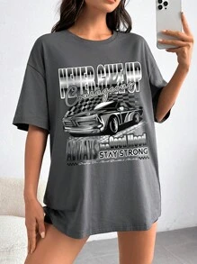 SHEIN Coolane 汽車和字母圖案落肩袖超大號T恤 - 深灰色 - 查看 3
