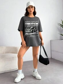 SHEIN Coolane 汽車和字母圖案落肩袖超大號T恤 - 深灰色 - 查看 5