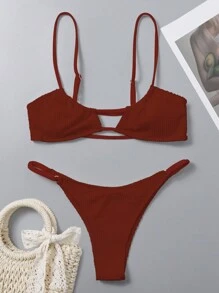 SHEIN Swim Summer Beach Plain Cut Out Bra & Swim Bottom Bikini Set Bathing Suit - Rust Brown - View 3