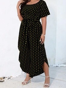 SHEIN LUNE 大碼波點圖案腰帶連身褲 - 黃色 - 查看 1