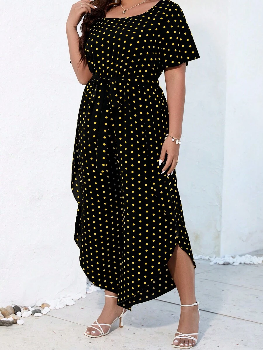 SHEIN LUNE 大碼波點圖案腰帶連身褲 - 黃色 - 查看 1