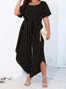 SHEIN LUNE 大碼波點圖案腰帶連身褲 - 黃色 - 查看 4