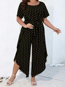 SHEIN LUNE 大碼波點圖案腰帶連身褲 - 黃色 - 查看 5