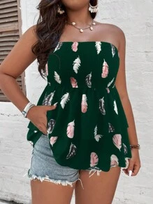 SHEIN LUNE 大碼羽毛印花荷葉邊下擺抹胸上衣 - 墨綠色 - 查看 1