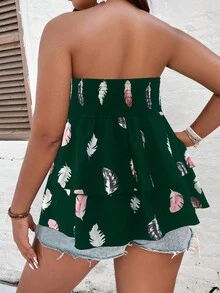 SHEIN LUNE 大碼羽毛印花荷葉邊下擺抹胸上衣 - 墨綠色 - 查看 2