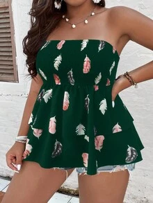 SHEIN LUNE 大碼羽毛印花荷葉邊下擺抹胸上衣 - 墨綠色 - 查看 3