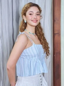 SHEIN Áo khoác và áo lót dành cho xe tăng nữ Thắt nút Viên lá sen Nút phía trước Sọc Giải trí Boho - Xanh và trắng - Xem 7