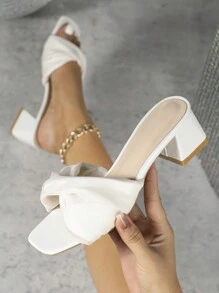 Women Twist Detail Chunky Heeled Sandals, Elegant White Mesh Mule Sandals