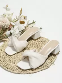 Women Twist Detail Chunky Heeled Sandals, Elegant White Mesh Mule Sandals