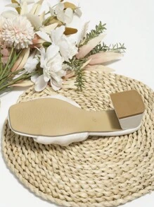 Women Twist Detail Chunky Heeled Sandals, Elegant White Mesh Mule Sandals