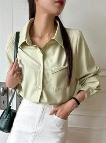 DAZY Chất rắn Nút phía trước Áo sơ mi - màu xanh lá - Xem 7