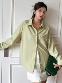 DAZY Chất rắn Nút phía trước Áo sơ mi - màu xanh lá - Xem 1