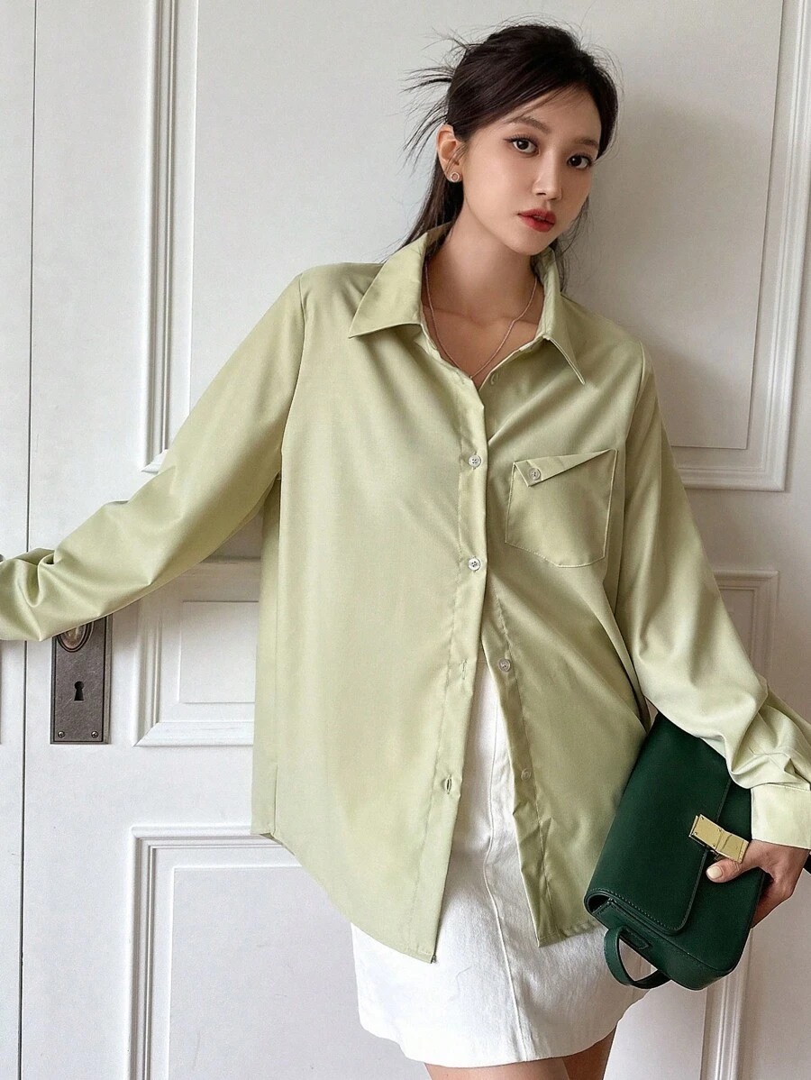 DAZY Chất rắn Nút phía trước Áo sơ mi - màu xanh lá - Xem 1