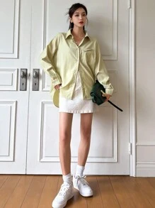 DAZY Chất rắn Nút phía trước Áo sơ mi - màu xanh lá - Xem 5