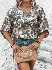 SHEIN LUNE 大碼佩斯利印花繫帶領蝙蝠袖襯衫 - 彩色 - 查看 5