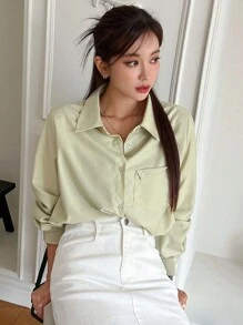 DAZY Chất rắn Nút phía trước Áo sơ mi - màu xanh lá - Xem 4