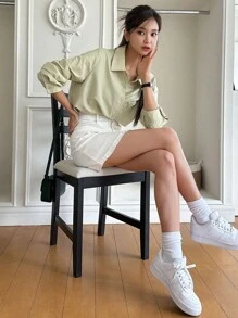 DAZY Chất rắn Nút phía trước Áo sơ mi - màu xanh lá - Xem 8