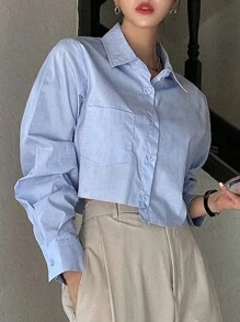DAZY 休闲商务纯色不对称下摆长袖衬衫，秋季女装短款女式上衣 - 藍色 - 查看 5