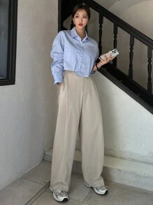 DAZY 休闲商务纯色不对称下摆长袖衬衫，秋季女装短款女式上衣 - 藍色 - 查看 4