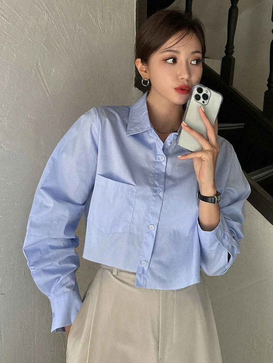 DAZY 休闲商务纯色不对称下摆长袖衬衫，秋季女装短款女式上衣 - 藍色 - 查看 1