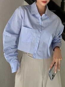 DAZY 休闲商务纯色不对称下摆长袖衬衫，秋季女装短款女式上衣 - 藍色 - 查看 6