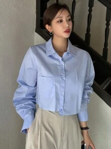 DAZY 休闲商务纯色不对称下摆长袖衬衫，秋季女装短款女式上衣 - 藍色 - 查看 7