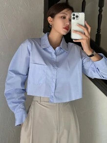 DAZY 休闲商务纯色不对称下摆长袖衬衫，秋季女装短款女式上衣 - 藍色 - 查看 8