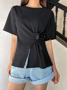 DAZY 純色鈕扣細節分縫下擺 T 恤 - 黑色 - 查看 6