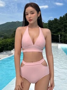 DAZY Solid Halter Bikini Set For Summer Beach - Pink - View 4