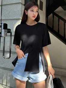 DAZY 純色鈕扣細節分縫下擺 T 恤 - 黑色 - 查看 4