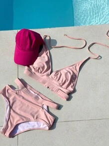 DAZY Solid Halter Bikini Set For Summer Beach - Pink - View 9