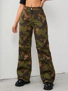 SHEIN EZwear Quần jean nữ Túi Dây kéo Nút Ngụy trang - xanh quân đội - Xem 4