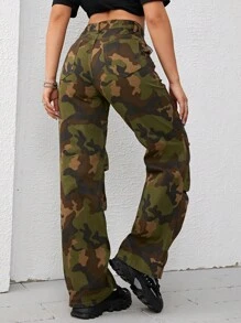 SHEIN EZwear Quần jean nữ Túi Dây kéo Nút Ngụy trang - xanh quân đội - Xem 2