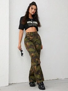 SHEIN EZwear Quần jean nữ Túi Dây kéo Nút Ngụy trang - xanh quân đội - Xem 5