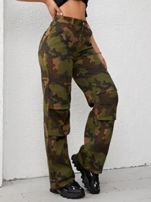 SHEIN EZwear Quần jean nữ Túi Dây kéo Nút Ngụy trang - xanh quân đội - Xem 6