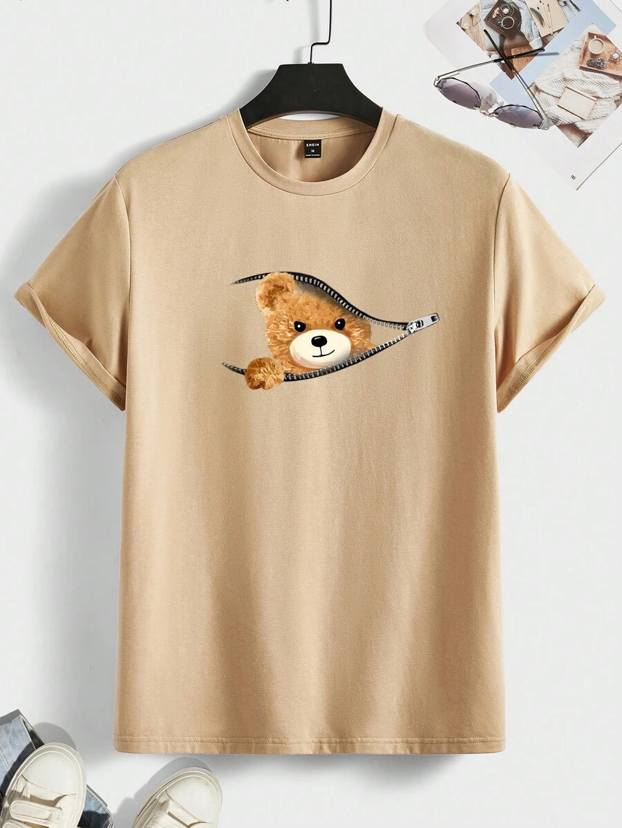 Manfinity RebelGame 男士棉小熊印花T恤 - 卡其色 - 查看 1