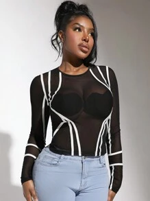 Slaydiva 條紋印花網紗上衣不附文胸 - 黑色 - 查看 1