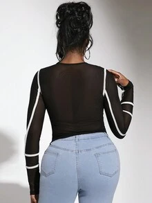 Slaydiva 條紋印花網紗上衣不附文胸 - 黑色 - 查看 2