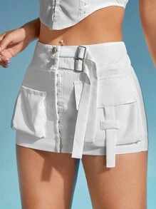 SHEIN ICON 帶扣細節翻蓋口袋工裝裙 - 白色 - 查看 5