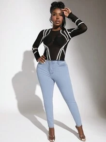 Slaydiva 條紋印花網紗上衣不附文胸 - 黑色 - 查看 6