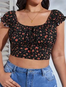 Dreamara Plus Ditsy Floral Print Tie Front Crop Tee - Multicolor - View 3