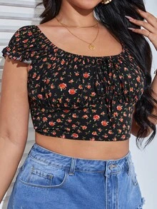 Dreamara Plus Ditsy Floral Print Tie Front Crop Tee - Multicolor - View 4