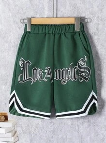 SHEIN 男孩字母圖案織帶拼接短褲 - 綠色 - 查看 1