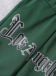 SHEIN 男孩字母圖案織帶拼接短褲 - 綠色 - 查看 3