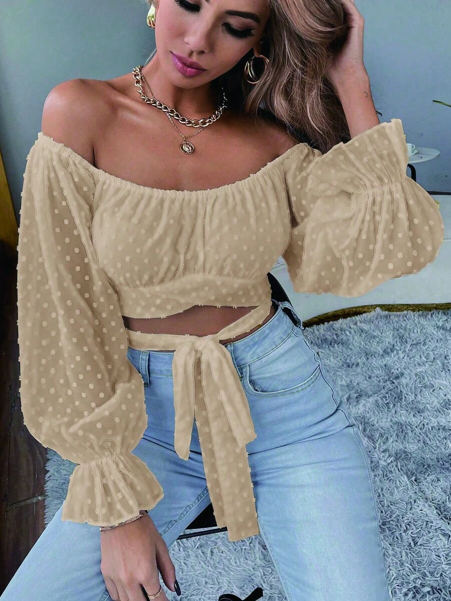 SHEIN SXY Swiss Dot Off Shoulder Flare Sleeve Tie Front Crop Top - Yellow - View 1