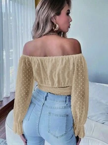 SHEIN SXY Swiss Dot Off Shoulder Flare Sleeve Tie Front Crop Top - Yellow - View 2