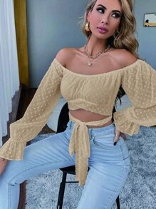SHEIN SXY Swiss Dot Off Shoulder Flare Sleeve Tie Front Crop Top - Yellow - View 3
